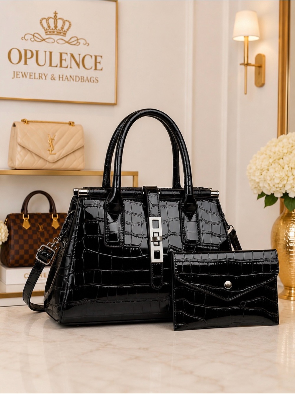 Black Croc-Embossed Satchel Handbag with Matching Pouch